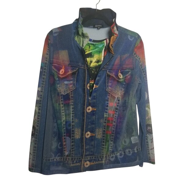 Damee Women's Mock Denim Print Mesh Sheer Jacket w/ Shell Twin Set Sz M - Picture 1 of 6